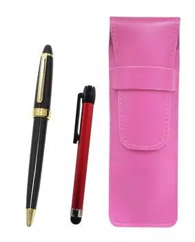Pink Grained Leather Pen Case with Red Metal Touch Stick and Black Neo Ballpoint Pen Set Two-Pack D-600 (SASP-ALR-600B-B-2)