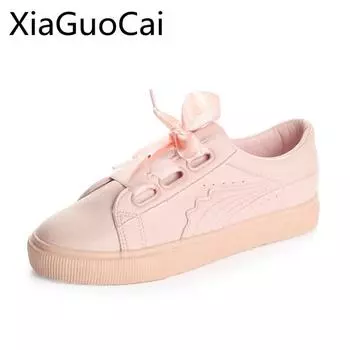 Pink Lace Up Breathable Women Flat Casual Shoes Platform Female Casual Sneakers Pu Leather Sewing Flats 5 белый