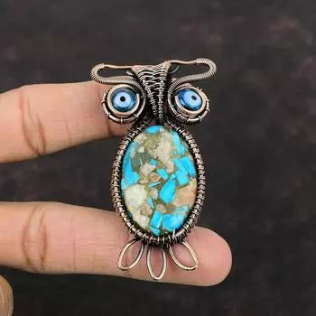Pink Opal Copper Turquoise Pendant Copper Wire Wrapped Pendant Gemstone Owl Jewelry Blue Color Evil Eye Pendant Copper Jewelry Gift For Her