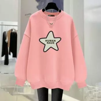 Pink Round Neck Sweatshirt for Women Loose Plush Spring, Autumn and Winter New Five-pointed Star Letter Thin Mid-length Top M