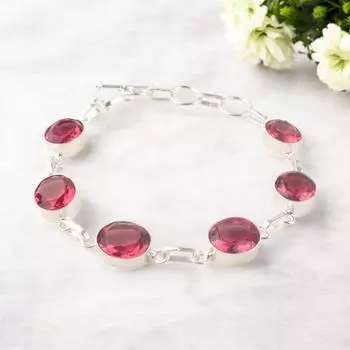 Pink Tourmaline Gemstone 925 Sterling Silver Jewelry Handmade Boho Bracelet 9 RB-5-1