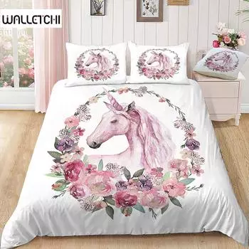 Pink Unicorn Flowers Duvet Cover Set King Queen Double Size Polyester Comforter Cover With Pillowcase For Kids Girls Bedding Set EU single(135x200cm)