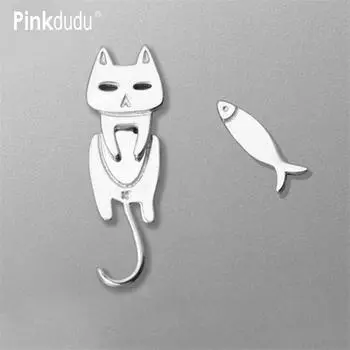 Pinkdudu простые летние черные, белые серьги-гвоздики с изображением кота и рыбы, милые креативные асимметричные серьги с домашним животным для женщин, ювелирные изделия PD1358 белый
