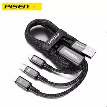 Pinsheng Три в одном Flash Charging 66W Тканый зарядный кабель Быстрая зарядка One Pull Three Кабель для передачи данных 6A Подходит для Apple Android Magic Black