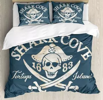 Пиратский пододеяльник Shark Cove Tortuga Island Caribbean Waters Retro Jolly Roger Mustard Blue Спальня Украшения Женщины Дети Мужчины 70x133cm 2pcs