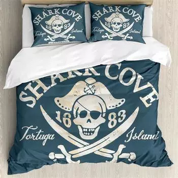 Пиратский пододеяльник Shark Cove Tortuga Island Caribbean Waters Retro Jolly Roger Mustard Blue Спальня Украшения Женщины Дети Мужчины 135x200cm 2pcs