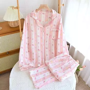 Пижама Rose Soft из крепового хлопка, милая пижама, комплект домашней одежды с длинными рукавами, приятная для кожи, простая пижама M