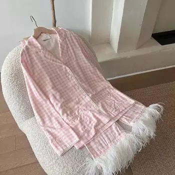 Пижамный комплект из двух предметов с длинными рукавами и перьями страуса для женщин, роскошная домашняя одежда, розовая клетчатая пижама с перьями, праздничная одежда, новая S розовый
