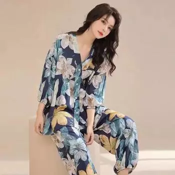 Пижамный комплект с длинными рукавами и длинными брюками, женский кардиган на пуговицах на весну и осень, удобный и повседневный One size