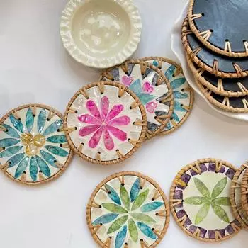 Placemat 10cm Rattan Shell Cup Mat Colorful Round Seashell Cup Mat Bohemian Style Coaster Tea Table