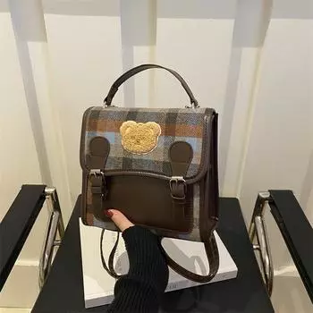 Plaid backpack women s 2025 design retro backpack student class handbag коричневый
