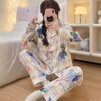 Plaid Fun Graffiti Design Pajamas Set for Women French Aesthetics Lapel Neck Women s Pajamas Set Vintage Winter Sleepwear M