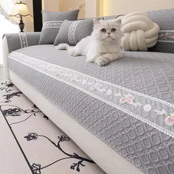 Plaid Lace Decorated Solid Color Non-slip Sofa Cover Protector Chaise Four Season Universal Stretch Corner Sofa Cushion Towel 70X70cm серый