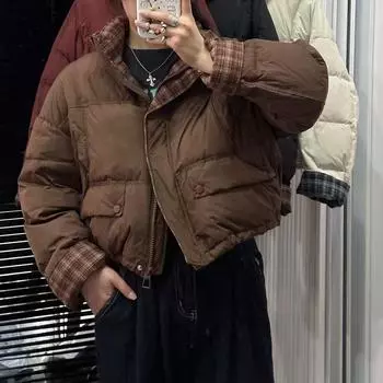 Plaid splicing down jacket women s short 2024 new retro Japanese sweet thickened white duck down bread jacket S