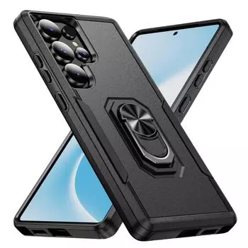 Plain Stand Finger Ring Hard Case for Samsung Galaxy S24 Ultra Plus FE 5G Armor Cover for Galaxy S24 FE чёрный