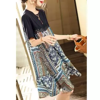 Plain Wood Chiffon Patchwork Dress Female Plus Size 2023 Summer New Arrival Fashion Loose Temperament Casual A- line Dress Blue 2XL