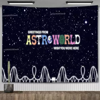 Плакат альбома Travis Scott Astroworld Психоделический хиппи Звездное небо Гобелен Эстетический гобелен Настенный декор для комнаты подростка 95x73cm
