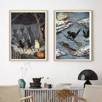 Плакат банды неудачи, ведьма на Хэллоуин, черный кот, художественный принт, фамильяры, Joyride, настенная живопись на холсте, домашний декор для комнаты 21x30cm No Framed