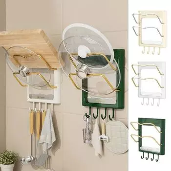 Plastic Pot Lid Holder Double Layer Punching-Free Pot Cover Rack Wall Mounted With Hooks Chopping Board Holder Kitchen Tools