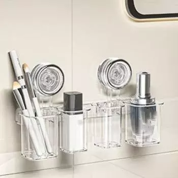 Plastic Suction Cup Storage Bucket Wall-Mounted Cosmetics Storage Box Bathroom Transparent-2 Grids