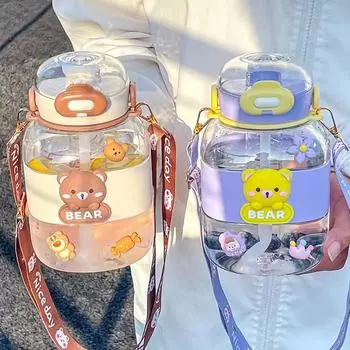 Пластиковая чашка для воды Kawaii Bear для девочек и студентов, соломенная бутылка для воды с ситечком для чая, большая емкость, милая детская двойная чашка для питья Without 3D Stickers