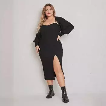 2025 Лето Плюс Размер Европейские и Американские Женские Платья С Открытой Спиной И Высоким Разрезом И Простой Костюм Верхняя Одежда