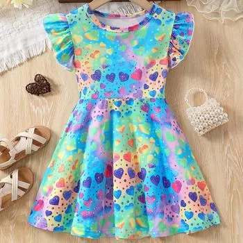 Платье для детей 1-8 лет, для девочек на день рождения, модное, с оборками на рукавах, с красочным принтом в виде сердца, милые платья принцессы 90(1-2Y)