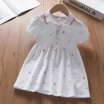 Платье для девочки 2-6 лет с короткими рукавами из хлопка, летняя одежда 2025 года для девочек 90 белый