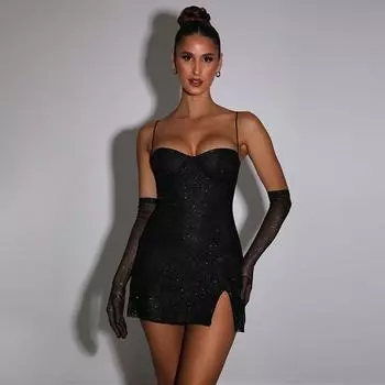 Платье-комбинация Spice Girl, блестящее, сексуальное, облегающее, с разрезом, вечернее платье S чёрный