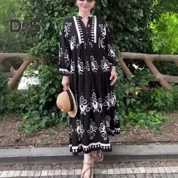 Платье макси Lady Spring с V-образным вырезом в стиле ретро с контрастным цветным принтом и длинными рукавами, свободное однобортное платье А-силуэта в стиле пэчворк, повседневное платье S белый