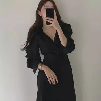 Платье-рубашка Niche French Slim Irregular - весна и осень, утягивающее талию, прикрывающее живот XL чёрный