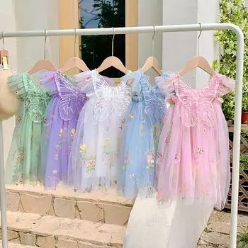 Платье с цветочным рисунком для маленьких девочек 2, 4, 6 лет, летние сетчатые платья без рукавов с принтом, детская одежда