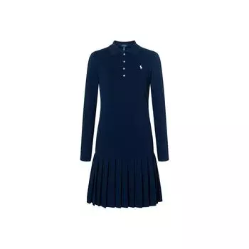 Платье женское Polo Ralph Lauren однотонное плиссированное сетчатое с воротником поло с заниженной талией и длинными рукавами темно-синее 313950842-003 XL