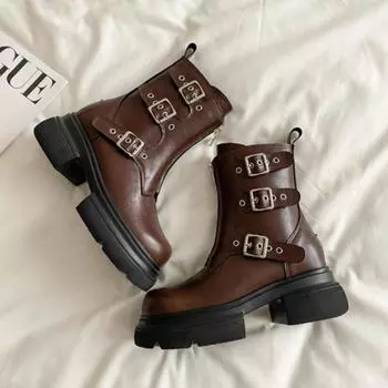 Platform Boots Internal Height Increasing Short Boots Womens Shoes Spring Autumn Single Boot British Style Motorcycle Boots 33 коричневый