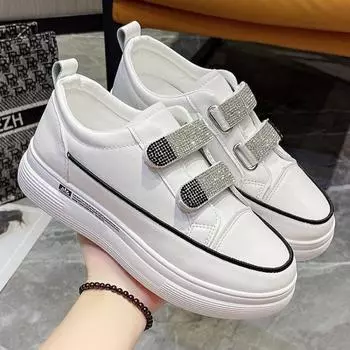 Platform casual single shoes women s spring and autumn new round head color matching student board shoes rhinestone Velcro white shoes 35