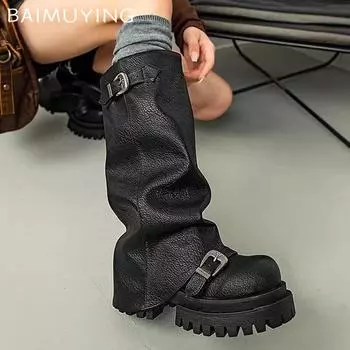 Platform Chunky Women High Boots Fad Buckle Leather Mid Heels Shoes 2025 Trend Designer Knee High Mortorcycle Winter Botas Mujer 35 чёрный
