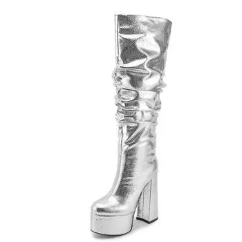 Platform Knee High Boots Women Sexy Silver Patent Women s High Boot Heels Dance Fetish Party Shoes Ladies Winter Large Size 36 серебряный