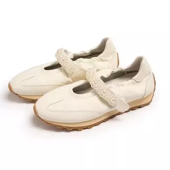 Platform leather ballet children s new pearl word with Velcro casual Mary Jane white shoes 35