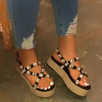 Platform Sandals Handmade Rhinestones Summer Open Toe Sandals Women Comfortable Plus Size 35-43 Sandalia Feminina 35 чёрный