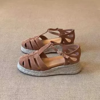 Platform sandals women s summer outer wear new models with skirts, beautifully woven hollow weave wedge heel bag head shoes 35