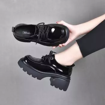 Platform shoes women s autumn new academic style lace-up muffin and black first-layer cow patent leather small leather shoes 34