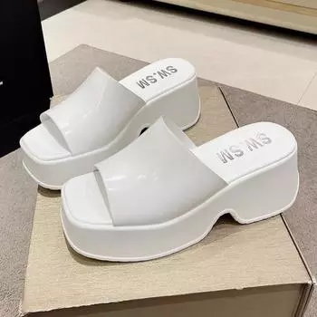 Platform slippers women s summer wear new muffin casual high heel one-word slippers square head fashion sandals women s shoes 35