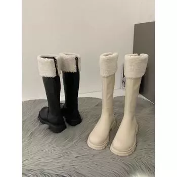 Platform snow boots white fluffy shoes children s new 2025 explosion velvet cotton boots long boots knight martin boots 35 чёрный