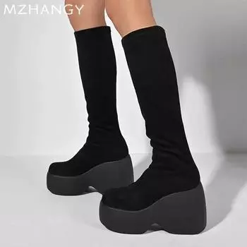 Platform Suede High Boots Fashion High Heels Shoes Woman 2025 Trend New Snow Chelsea Boots Winter Walking Goth Ankle Mujer Botas 36