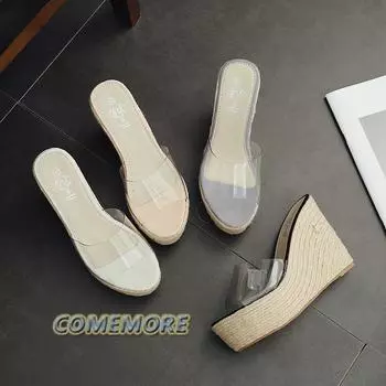 Platform Wedge Pvc Sandals Sexy High Heel 2024 New Summer Transparent Women s Comfortable Slippers Casual Shoes Large Size 34-40 34 абрикосовый