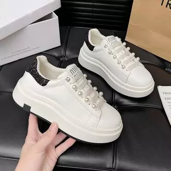 Platform white shoes women s autumn 2024 new versatile small height increase pearl buckle sports and leisure board shoes 35 чёрный