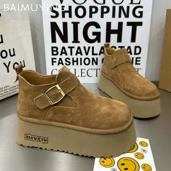 Platform Women Ankle Boots Suede Designer Buckle High Heels Shoes New Brand 2025 Trend Winter Walking Comfort Botas De Mujer 35 хаки