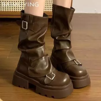 Platform Women Mid Calf Boots Fashion Buckle Mid Heels Shoes 2025 Trend Leather Chunky Pumps Goth Winter Motorcycle Botas Mujer 35 чёрный
