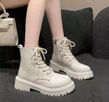 Platform Women s Ankle Boots Autumn Winter 2024 Black white Thick Bottom Motorcycle Botas Pu Leather Non-Slip Boots Women 35