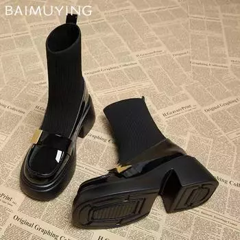 Platform Women Snow Ankle Boots High Heels Designer Shoes Knitting Chunky Sock Boots 2024 Trend Winter New Goth Botas De Mujer 37 чёрный